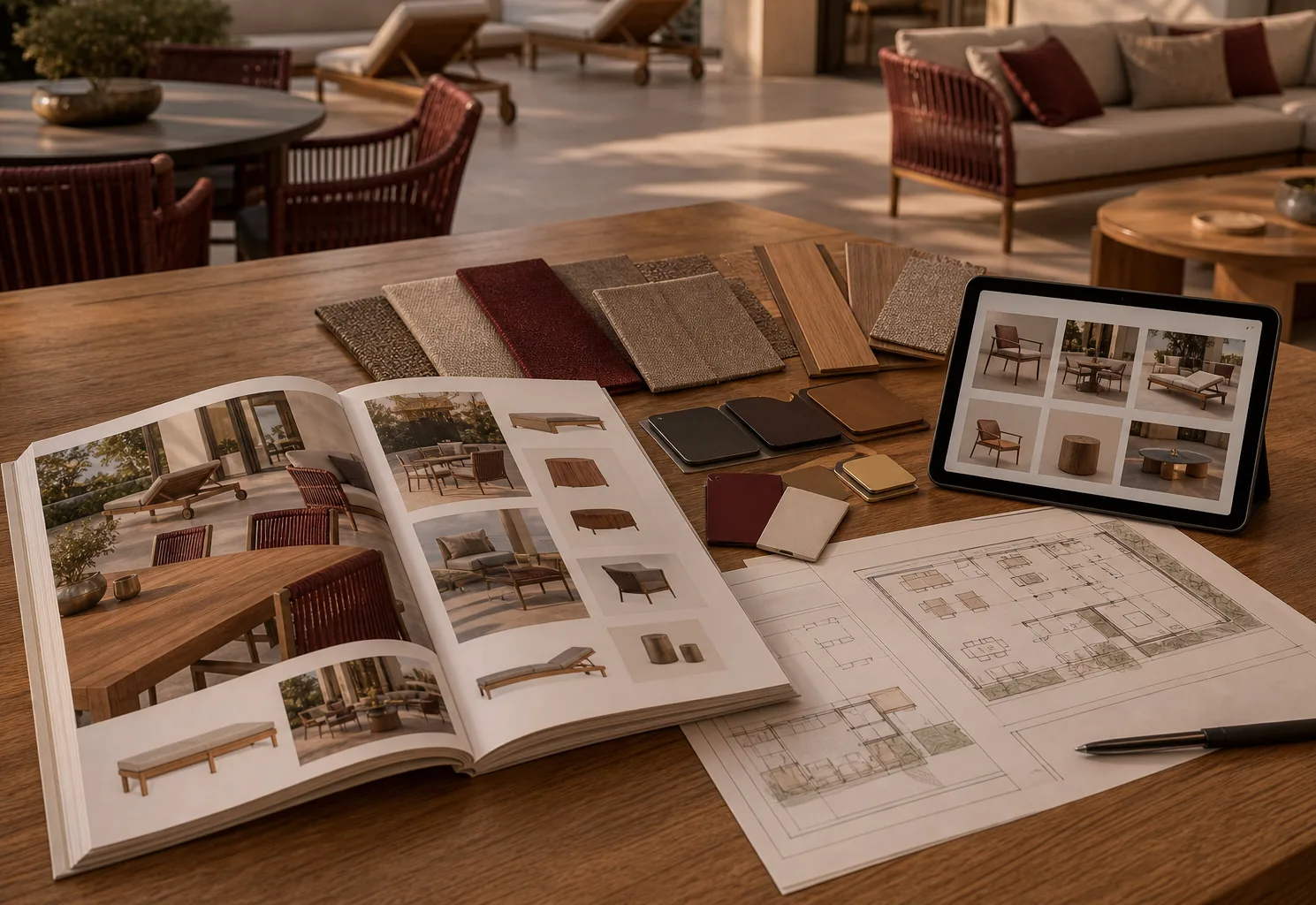 Furniture catalog with material samples and project planning documents