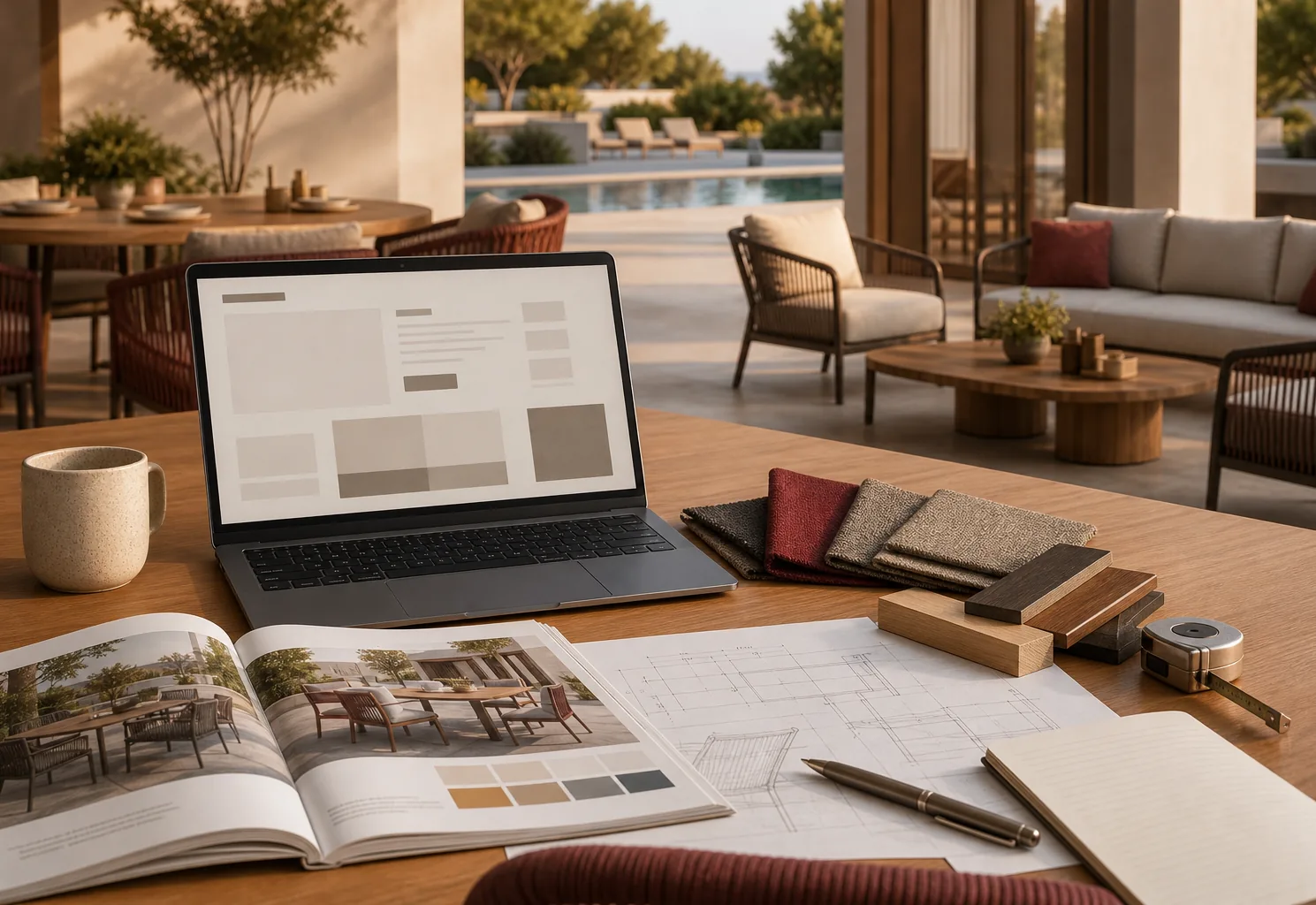 Commercial furniture inquiry desk with laptop, catalog, samples and project drawings