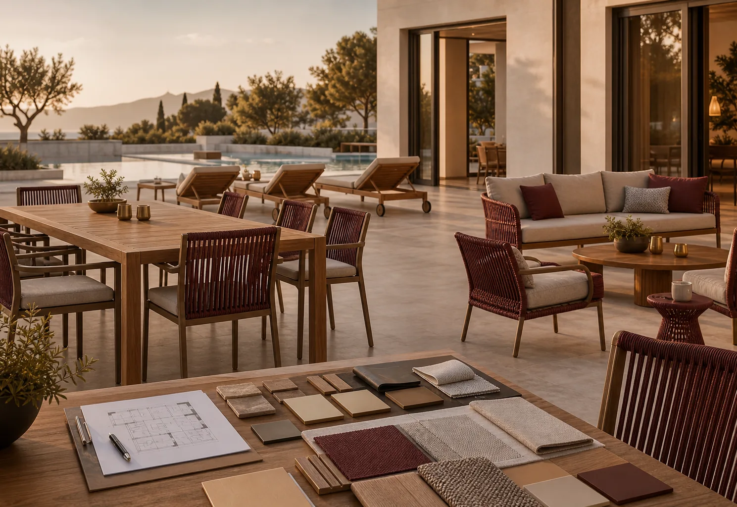 Hospitality furniture solution planning with material samples and resort terrace furniture