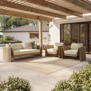 Outdoor Wicker Sofa Set – 80" Dravite Ivory Commercial Grade for Hospitality Use