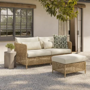 Outdoor Aluminum Loveseat and Ottoman Set – 67.25" Dravite Ivory Commercial Grade for Hospitality Use