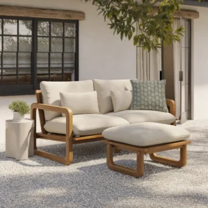 Outdoor Aluminum Loveseat and Ottoman Set – 70" Dravite Ivory Commercial Grade for Hospitality Use