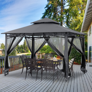 Modern Double-Roof Patio Gazebo – 11' x 11' Dark Gray Soft-Top Shelter with Integrated Mosquito Netting for Commercial Projects