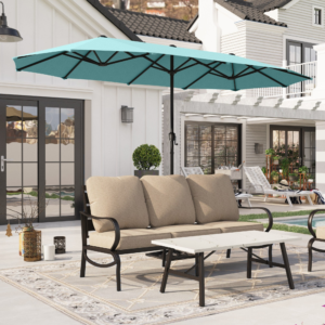 Extra-Large Double-Sided Market Umbrella – 13' x 6.5' Turquoise Rectangular Outdoor Shade with Crank for Commercial Projects