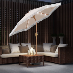 Bohemian Solar-Powered LED Patio Umbrella – 7.5' Khaki Canopy with Decorative Tassels and Fringe for Commercial Projects