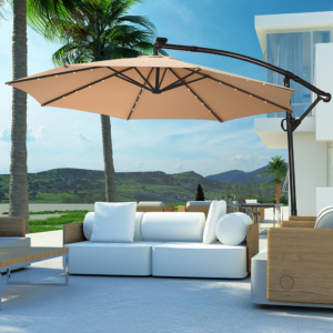 Premium Solar-Powered LED Patio Umbrella – 10' Beige Canopy with 360-Degree Rotation for Hospitality Projects