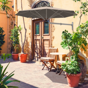 Wall-Mounted Cantilever Umbrella – 8' Tan Canopy with Adjustable Pole and Space-Saving Frame for Hospitality Projects