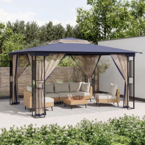 Modern Double-Tiered Outdoor Gazebo – 13' x 11' Navy Blue Canopy with Integrated Mosquito Netting for Commercial Projects