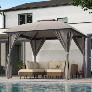 Modern Double-Roof Patio Gazebo – 10' x 10' Gray Metal Frame Structure with Privacy Screens and Anchoring Kit for Commercial Projects