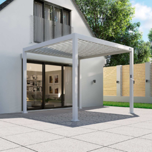 Modern Aluminum Metal Pergola – 9.8' Square White Structure with Louvred Roof for Hospitality Projects