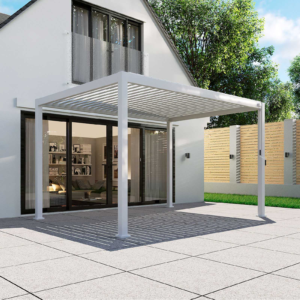 Modern Aluminum Metal Pergola – 13.1' x 9.8' White Structure with Louvred Roof for Commercial Projects