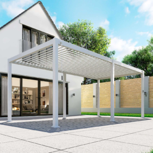 Modern Aluminum Metal Pergola – 19.7' x 9.8' White Structure with Louvred Roof for Hospitality Projects