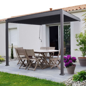 Wall-Mounted Aluminum Pergola – 13.1' x 9.8' Grey Metal Structure for Commercial Use