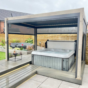 Modern Wood-Effect Aluminum Pergola – 13.1' x 11.8' Light Oak Structure with Louvred Roof for Commercial Projects