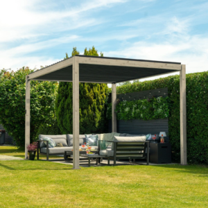 Modern Wood-Effect Aluminum Pergola – 9.8' Square Structure with Louvred Roof for Commercial Projects