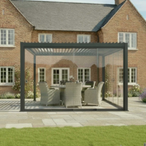 Frameless Glass Sliding Door System – 9.8' Side Enclosure for Aluminum Pergolas in Hospitality Projects