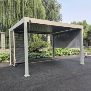 Modern Aluminum Metal Pergola – Oyster White Structure with Adjustable Louvred Roof for Hospitality Projects