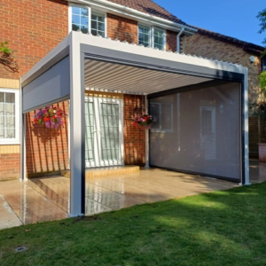 Modern Aluminum Metal Pergola – 11.8' x 9.8' Pebble Grey Structure with Louvred Roof for Hospitality Projects