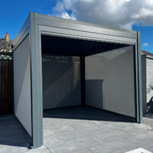 Modern Aluminum Metal Pergola – 8.2' Square Dark Grey Structure for Commercial Projects