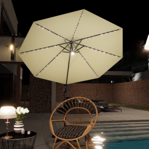 Modern Solar-Powered LED Patio Umbrella – 10' Beige Canopy with 360-Degree Rotation, Crank, and Tilt for Hospitality Projects