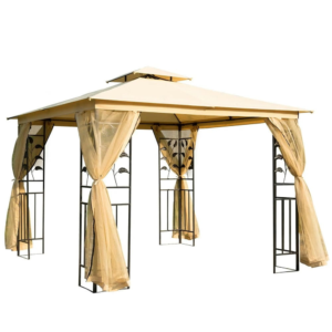 Modern Double-Roof Garden Gazebo – 10' x 10' Beige Canopy Shelter with Integrated Netting for Commercial Projects