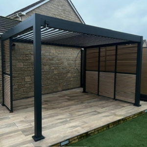 Modern Aluminum Metal Pergola – 13.1' x 8.2' Dark Grey Structure for Commercial Projects