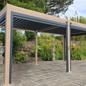Modern Wood-Effect Aluminum Pergola – 19.7' x 9.8' Rectangular Structure for Commercial Projects