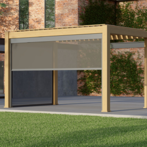 Modern Wood-Effect Aluminum Pergola – 8.2' Square Structure for Hospitality Projects