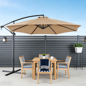 Heavy-Duty Offset Cantilever Umbrella – 10' Khaki All-Weather UV-Protected Canopy with Base for Commercial Projects