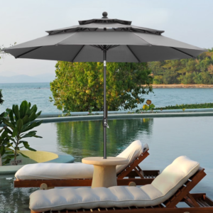 Modern 3-Tier Market Patio Umbrella – 10' Grey Canopy with Tilt Adjustment and Crank for Commercial Projects