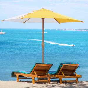 Modern Striped Patio Umbrella – 7.5' Yellow & White UV 50+ Sun Shelter for Hospitality Projects