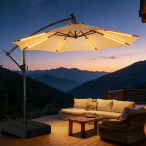 Modern Solar-Powered LED Cantilever Umbrella – 10' Beige Offset Canopy with Integrated Light Strips and Tilt for Commercial Projects