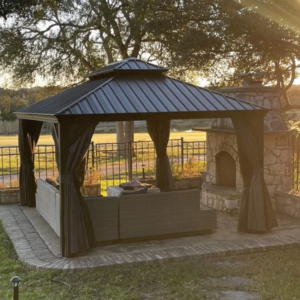 Modern Permanent Hardtop Gazebo – 10' x 12' Gray Aluminum Frame with Galvanized Steel Double Roof, Curtains, and Netting for Commercial Projects