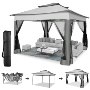 Modern Pop-Up Gazebo Canopy – 11' x 11' Gray Double-Roof Shelter with Integrated Mosquito Netting for Hospitality Projects