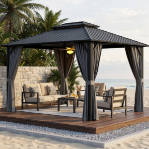 Modern Hardtop Outdoor Pavilion – 10' x 12' Dark Gray Double Galvanized Steel Roof Gazebo with Breathable Netting and Curtains for Commercial Projects