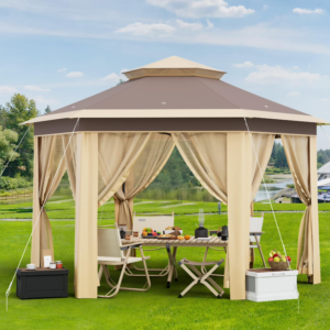 Modern All-Seasons Pop-Up Gazebo – Khaki Canopy with Adjustable Heights and Instant Frame for Hospitality Projects