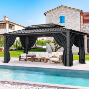Modern Permanent Hardtop Gazebo – 10' x 15' Black Aluminum Frame with Galvanized Steel Double Roof, Curtains, and Netting for Commercial Projects