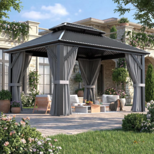 Modern Heavy-Duty Hardtop Gazebo – 10' x 12' Grey Aluminum Frame with Galvanized Steel Double Roof and Mosquito Netting for Commercial Projects