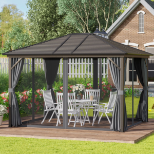Modern Permanent Hardtop Gazebo – 10' x 12' Dark Gray Aluminum Frame with Single-Tier Metal Roof, Curtains, and Netting for Commercial Projects