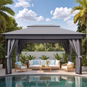 Modern Double-Roof Pop-Up Gazebo – 10' x 13' Gray Instant Shelter with Integrated Netting and Double Curtains for Hospitality Projects