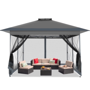 Modern Double-Tiered Pop-Up Gazebo – 13' x 13' Gray Instant Shelter with Vented Roof, Mosquito Netting, and Adjustable Heights for Hospitality Projects