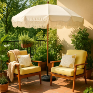 Bohemian Fiberglass Beach Parasol – 7' Ivory Canopy with Decorative Tassels and Wind-Resistant Frame for Hospitality Projects