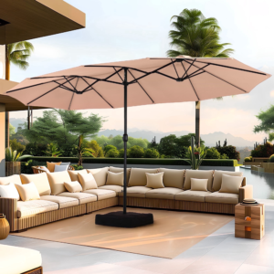 Extra-Wide Double-Sided Patio Umbrella – 15' Beige Rectangular Outdoor Shade with Base for Commercial Projects