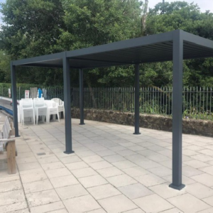 Modern Aluminum Metal Pergola – 19.7' x 9.8' Dark Grey Structure with Adjustable Louvred Roof for Commercial Projects