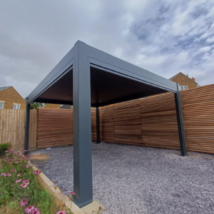 Modern Aluminum Metal Pergola – 13.1' Square Dark Grey Bioclimatic Structure for Hospitality Projects