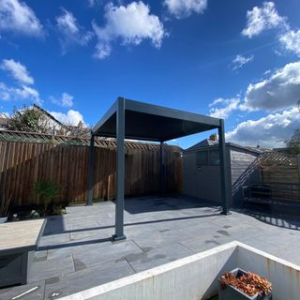 Modern Aluminum Metal Pergola – 9.8' Square Dark Grey Structure with Adjustable Louvred Roof for Hospitality Projects