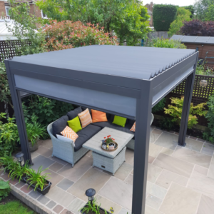 Modern Aluminum Metal Pergola – 9.8' Square Grey Structure for Hospitality Projects