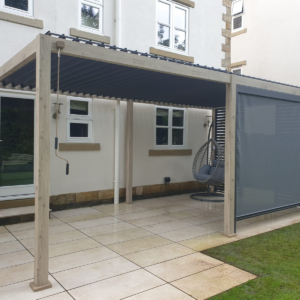 Modern Wood-Effect Aluminum Pergola – 19.7' x 9.8' Light Oak Structure with Louvred Roof for Hospitality Projects
