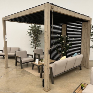 Modern Wood-Effect Aluminum Pergola – 13.1' x 9.8' Structure for Commercial Projects