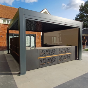 Modern Aluminum Metal Pergola – 16.4' x 13.1' Dark Grey Bioclimatic Structure for Commercial Projects